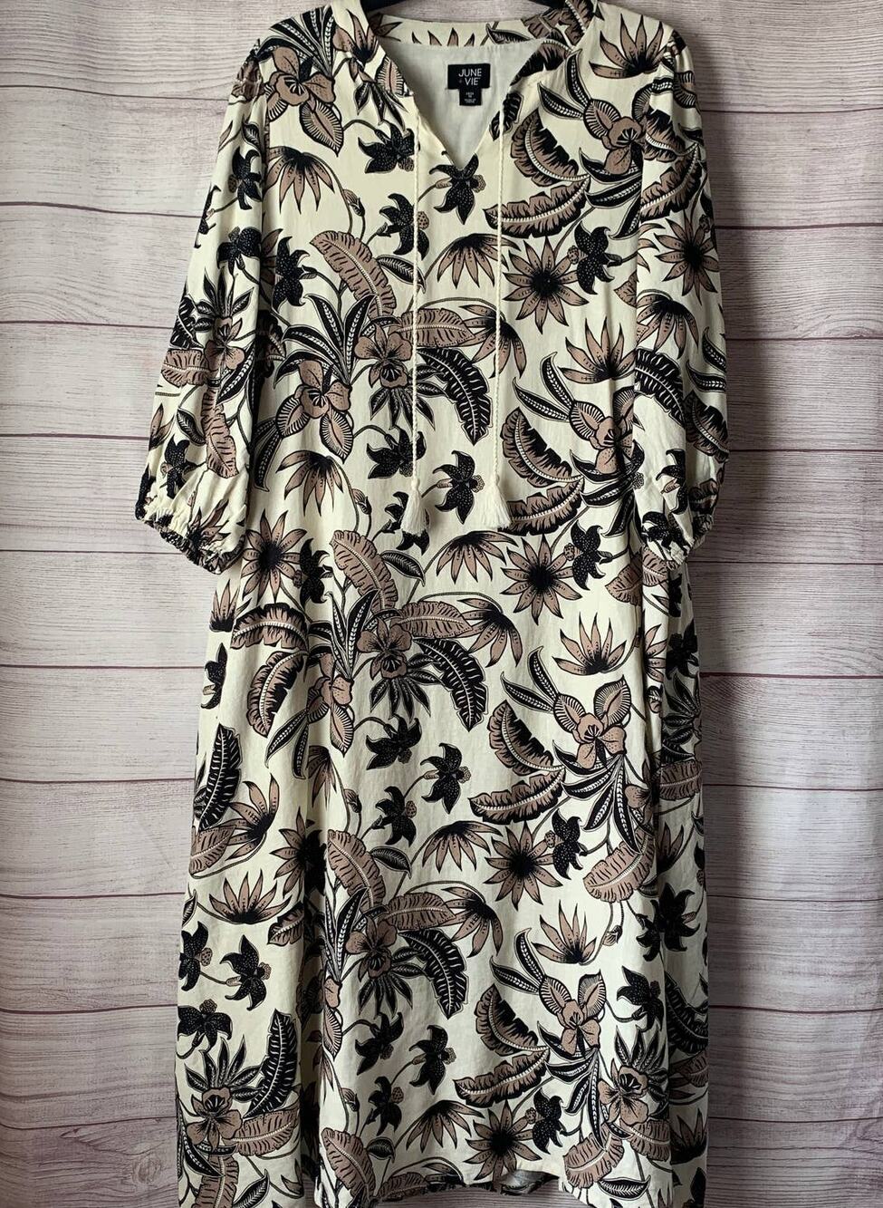 June + Vie by Roaman's Midi Lino Soleil Shirt Dress Floral Plus Size 14/16 M